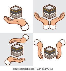 manos con conjunto de símbolos islámicos kaaba