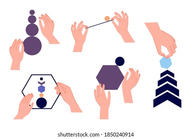 Hands keep balance. Abstract forms in arms, analytics teamwork metaphor. Handmade geometric shapes, circle pyramid and falling elements vector set