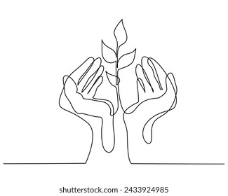 Hands keep sprout of plant. Continuous one line drawing. Growing plant in hand palm. Hand-drawn vector illustration.