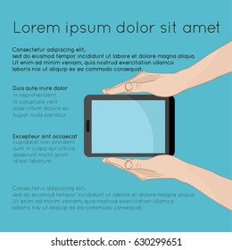 Hands keeping phone or tablet on blue background. Inscription on the left