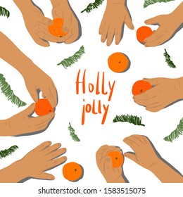 Children’s hands keeping tangerines. Vector hand drawn illustration