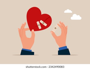 Hands keeps bandage repaired heart shape. Forget and forgive, open for new relationship. Vector illustration.