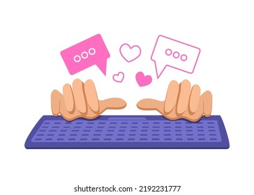 Hands with a keyboard. Human hands. Man, woman works at the computer. Message. Icon, sign. Vector illustration.