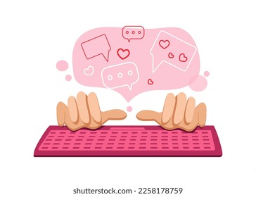 Manos con un teclado. El hombre trabaja en la computadora. Icono, signo. Ilustración vectorial.