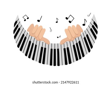  Hands and keys of the piano, musical instrument. Playing the piano. Music performance, notes and signs. Icon, sign. Vector illustration.