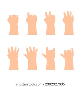 Hands of kids palms down counting number zero to five and posing hand signal set in flat design