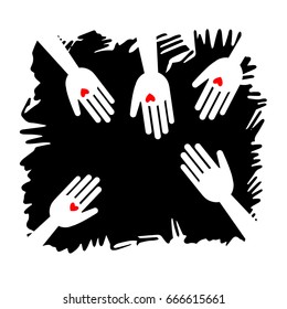 Hands and kind hearts. On the background drawn texture. Love couple people