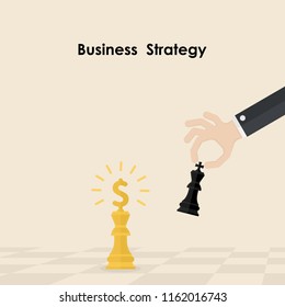 Hands and King of chess symbol.Business and marketing strategy.Businessman hand holding chess king piece.Leader and teamwork concept.Business strategy concept.Vector illustration.