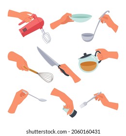 Hands with kitchen appliances set. Cooking and slicing food with beating with mixer and hand whisk pouring freshly brewed coffee added sugar pouring soup into bowl with dish. Cartoon vector chef.