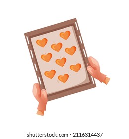 Hands in kitchen mittens hold fresh cookies on a baking sheet. Baking is sweet. Cartoon illustration isolated on white background
