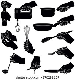Hands with kitchen tools collection - vector silhouette illustration