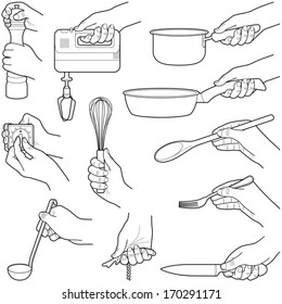 Hands with kitchen tools collection - vector illustration