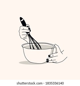 Hands with kitchen whisk and bowl hand drawn illustration. Vector