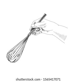 Hands with kitchen whisk hand drawn illustration. Palm holding egg beater realistic sketch. Food cooking accessories, chefs equipment concept