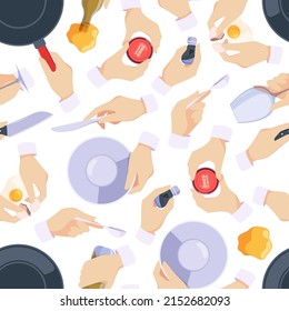 Hands with kitchenware pattern. Frying pan knife and fork in hands restaurant concept garish vector seamless background