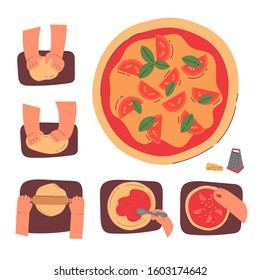 Hands knead dough and making pizza,line drawing isolated symbols for bakery at white background.Stages of preparing pizza.Making pastry,bread,bakery.Cartoon style.Colorful flat vector illustration.
