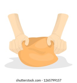 Hands knead dough. Prepare ingredients for bread or bakery cooking. Homemade food. Isolated flat vector illustration