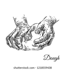 Hands knead the dough. Sketch. Engraving style. Vector illustration.