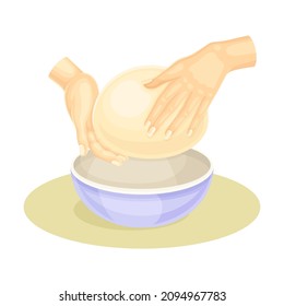 Hands kneading dough in bowl. Bakery process, kneading pastry for cookies, bread, pizza vector illustration
