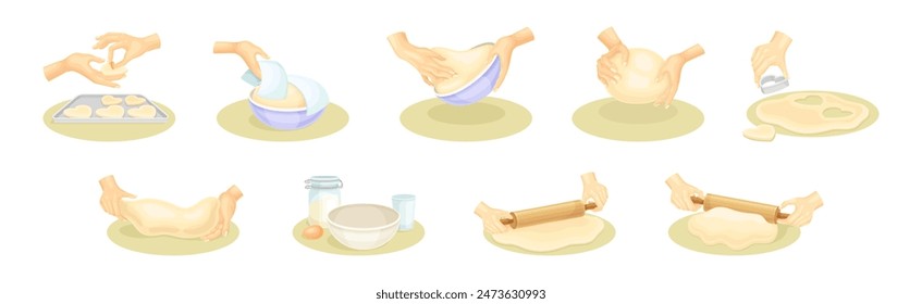 Hands Kneading Dough Do Homemade Bakery Vector Set