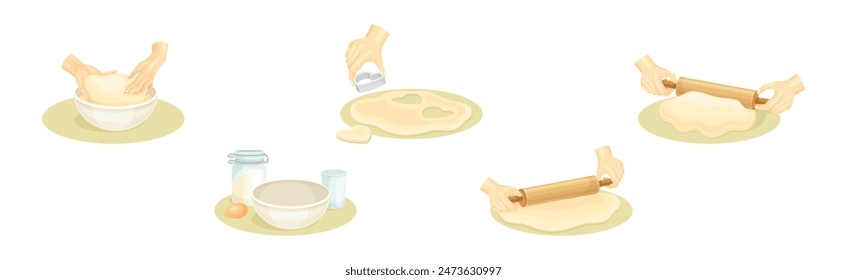 Hands Kneading Dough Do Homemade Bakery Vector Set