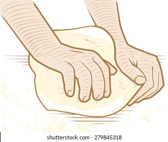 Hands kneading dough on a floured surface