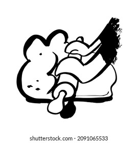 Hands kneading dough with rolling pin. Hand drawn ink strokes black and white vector illustration isolated on white background.