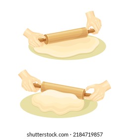 Hands kneading dough with rolling pin set. Bakery, kneading pastry for cookies, buns, pizza or bread vector illustration