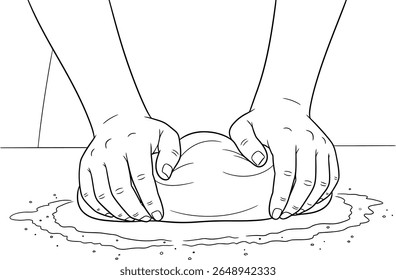 Hands Kneading Dough: Simple Black and White Line Art Illustration for Baking
