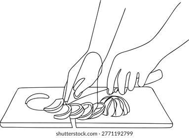 Hands with knife cutting citrus fruit on board, food preparation, healthy eating, kitchen.
