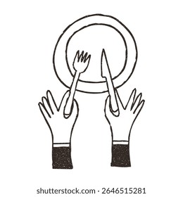 Mãos com faca e garfo acima da placa vazia, ilustração de vetor de rabiscar desenho animado isolado no fundo branco. Arte de contorno desenhada à mão com textura grunge. Conceito de café e restaurante.