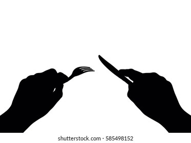 hands with knife and fork on a white background, vector silhouette                           