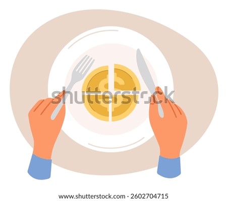Hands with knife and fork over plate. Ceramic dish with cut gold coin top view. Split payment for dinner. Quarter of money. Restaurant paying. Lunch gratuity or cafe bill