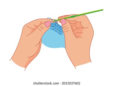 Hands knitiing crochet. How to crochet. Female hands. Woman's hooby, homecraft, hand made. Vector illustration, isolated, hand drawn, doodle, line. Icon, simbol