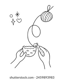 Hands of a knitter knitting amigurumi. Doodle outline vector black and white illustration.  
