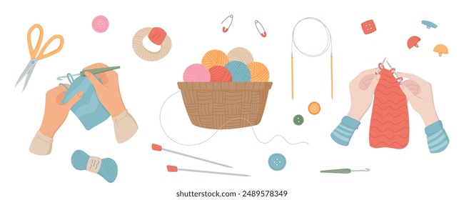 Hands knitting and crocheting with thread, a basket of yarn with scissors, buttons, and sewing needles for embroidery isolated at white background. Elements are set for cute handmade tailor projects.