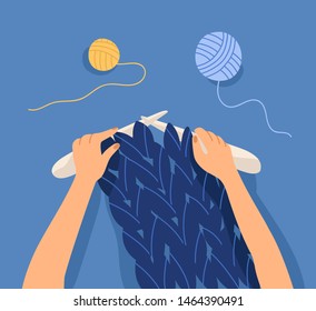 Hands Knitting With Giant Needles And Yarn. Decorative Craftwork, Knitwork, Handicraft. Creative Hobby, Workshop, DIY Tutorial, Craftsmanship Activity. Flat Cartoon Colorful Vector Illustration.