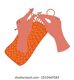 Hands are knitting. Hobbies and handmade. Needlecraft.