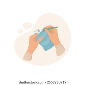 Hands knitting icon, cartoon fashion accessories design, doodle embroidery decoration element, hand drawn sewing craft supplies object, vector dressmaking tool illustration,