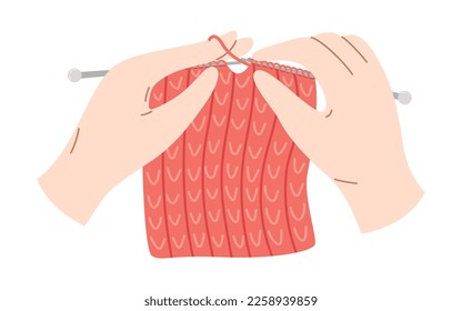 Hands knitting a product with knitting needles. Vector illustration of cozy crafting hobby. Wool warm clothes.