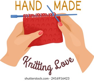 Hands knitting with red yarn and blue needles, crafting concept. DIY hobby and handcraft activity, creative pastime vector illustration.