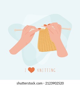 Las manos de las mujeres tejiendo algo. Concepto de taller hecho a mano. Ocio y tiempo de hobby. Concepto de creatividad. Ilustración del vector