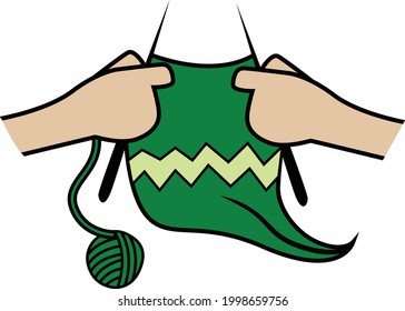 Hands knitting woolen cloth with needles and ball of wool. Can be used in handicraft posters or knitting business promotional designs. 