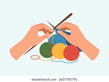 Hands Knitting with Yarn Vector — Handmade Craft Flat Vector Illustration