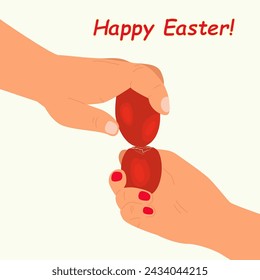 Hands knocking down Easter eggs. Rooster eggs. Shackling. Ukrainian ornament. A traditional egg fight game dedicated to spring religious holidays. Easter. Jarping, Dumping

