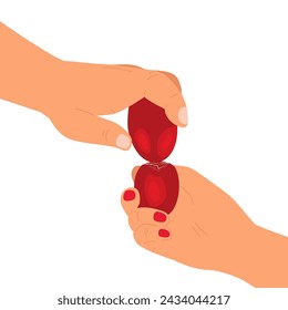 Hands knocking down Easter eggs. Rooster eggs. Shackling. Ukrainian ornament. A traditional egg fight game dedicated to spring religious holidays. Easter. Jarping, Dumping

