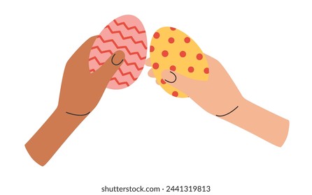 Las Manos Tocando Huevos De Pascua. Feliz Pascua. Vacaciones de primavera. Tradicional juego de lucha de huevos celebrando las fiestas religiosas de primavera. Ilustración vectorial en estilo dibujado a mano plana