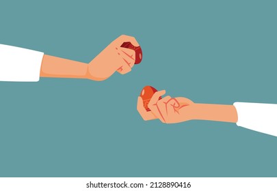 

Hands Knocking Easter Eggs Vector Cartoon Illustration. Traditional egg fight game celebrating spring religious holidays
