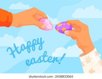 Hands knocking eggs. Family game easter orthodox tradition, friend hand knock break boiled decorated egg shell game, religion spring holiday celebration neat vector illustration of easter game