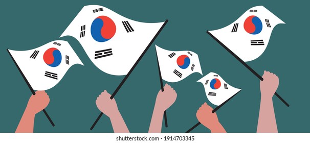 Hands with the Korean flag isolated. Flat vector stock illustration. South Korea flag as a symbol of the state. Koreans people holding a flag. Vector illustration, crowd of people